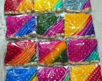 100 Pc Solid Color Traditional Bandhej Bandhani Tie and Dye Silk Dupatta With Gota Border And Latkan, Rajasthani Bandhani Heavy Dupatta