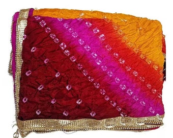 50 Pc Solid Color Traditional Bandhej Bandhani Tie and Dye Silk Dupatta With Gota Border And Latkan, Rajasthani Bandhani Heavy Dupatta