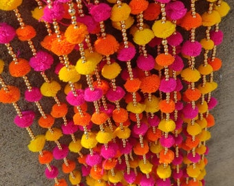 200 pc Pom Pom Artificial Marigold Garland Handmade POM POM  Garlands With Bell For Wedding mahendi  Wall Hanging Home Decoration