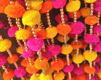 Indian handcrafted pom pom marigold garland with bells 4.5 feet approx