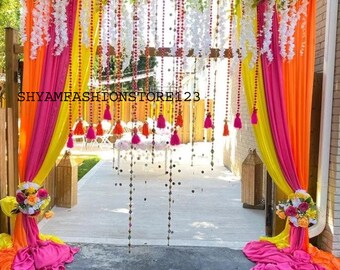 100 PC FREE SHIPPING Multicolor Indian Christmas Wedding Party Decoration, Mehndi Decor, Backdrop,Pom Pom, Gota Hangings Tassels.