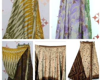 10 Pc Silk Sari Wrap skirts for Summer Wear Vintage Handmade Reversible Long Silk Skirts Double layer wrap skirts