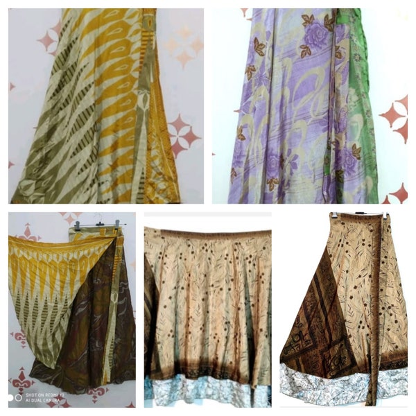 10 Pc Silk Sari Wrap skirts for Summer Wear Vintage Handmade Reversible Long Silk Skirts Double layer wrap skirts