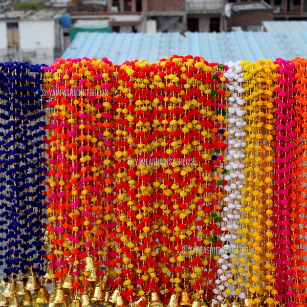 100 PC FREE SHIPPING Multicolor Indian pom pom Christmas Wedding Party Decoration Mehndi Decor , Backdrop ,Pom Pom, Gota Hangings Tassels.