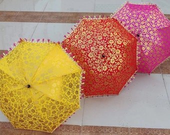 50 Pcs Home Decor Silk Umbrella for Wedding/Diwali/Christmas, Cotton Traditional Umbrella With Golden Print, Tassel Lases Silk Umbrellas