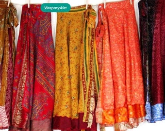 10 Pc Silk Sari Wrap skirts for Summer Wear Vintage Handmade Reversible Long Silk Skirts Double layer wrap skirts with Tie