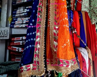 50 Pc Multi Color Traditional Bandhej Bandhani Tie and Dye Silk Dupatta With Gota Border And Latkan, Rajasthani Bandhani Heavy Dupatta