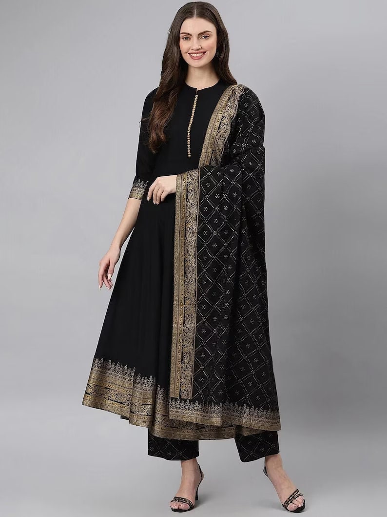 Black Floral Long Kurta Dress with Dupatta – Rustorange