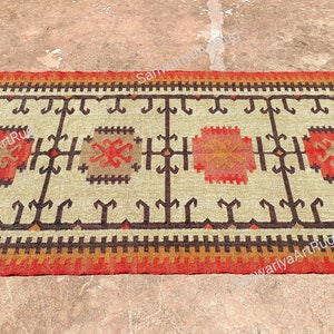 Indian Kilim Rug Runner | Handwoven Wool and Jute Rug | Handmade Kilim Dhurrie Rug |Motifs Oriental Traditional Indian Geometric Turkish Rug