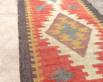 Alfombra Kilim de pasillo / Alfombra de lana y yute tejida a mano / Alfombra Kilim Dhurrie hecha a mano / Motivos orientales, alfombras tradicionales indias y turcas geométricas