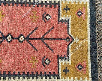8x10 ft Custom Wool Jute Rug, Handwoven Kilim Geometric Rectangle Shape Turkish Bohemian Large Area Indian Dhurrie Hallway Boho Entryway Rug