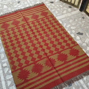 Handmade Wool Jute Kilim Rug, Red & Brown Rectangle Bohemian Large Area Turkish Oushak Traditional Home Decor Indoor Entryway Office Rug