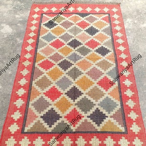Handmade Wool Jute Rug | Navajo kilim Rug | Colorful Rug | Outdoor & Indoor Rug | Living Room Rug | Traditional Indian Kilim Rug Runner