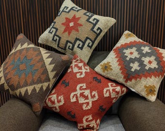 Handwoven Wool Jute Kilim Throw Pillow Cover Set of 4, Farmhouse Home/Bedroom Decor 18x18 Inch Boho Large Area Bohemian Sofa Cushion Cover