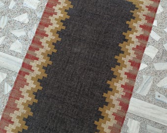 Handwoven Wool Jute Runner Rug: 3x10ft Geometric Navajo Kilim Turkish Stairway Home Kitchen Decor, Boho Traditional Large Area Dhurrie Rug
