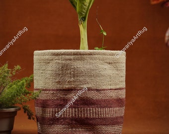 May include: A green plant with white variegation in a woven pot with a brown and white striped pattern. The pot is made of natural fibers and has a rustic look.
