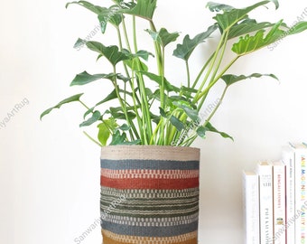 May include: A green leafy plant in a woven pot with a colorful striped pattern. The pot is on a gold metal stand. The plant is in front of a bookshelf with several books.