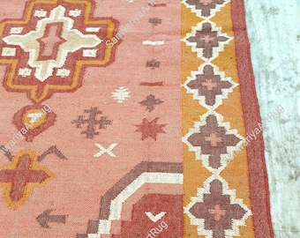 Rechthoekig kelimtapijt | Traditioneel Indiaas patroon | Veelkleurig vloerkleed | Handgeweven vloerkleed van jute en wollen vloerkleed | Boho vloerkleed loper |