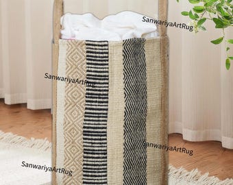 Cesta de lavandería de yute hecha a mano / Bolsa de almacenamiento boho con asas