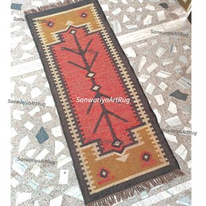 Alfombra de yute de lana hecha a mano: Alfombra grande de pasillo estilo bohemio navajo con forma geométrica multicolor, alfombra para lavandería o entrada interior. imagen 8