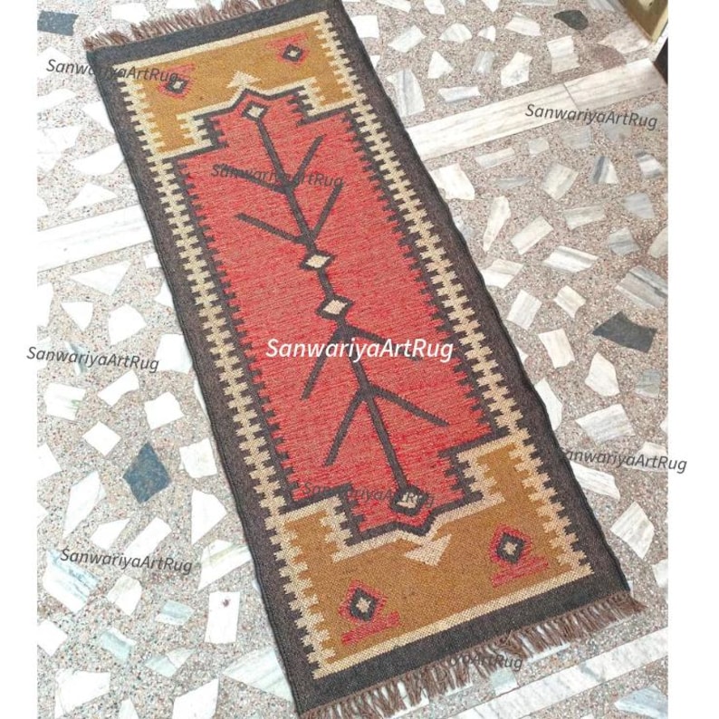 Alfombra de yute de lana hecha a mano: Alfombra grande de pasillo estilo bohemio navajo con forma geométrica multicolor, alfombra para lavandería o entrada interior. imagen 8
