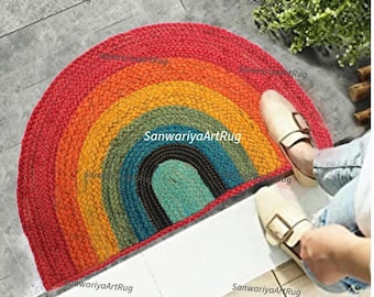 Rainbow Jute Braided Half Doormat: Colorful Boho Rug