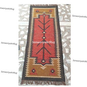 Alfombra de yute de lana hecha a mano: Alfombra grande de pasillo estilo bohemio navajo con forma geométrica multicolor, alfombra para lavandería o entrada interior. imagen 2