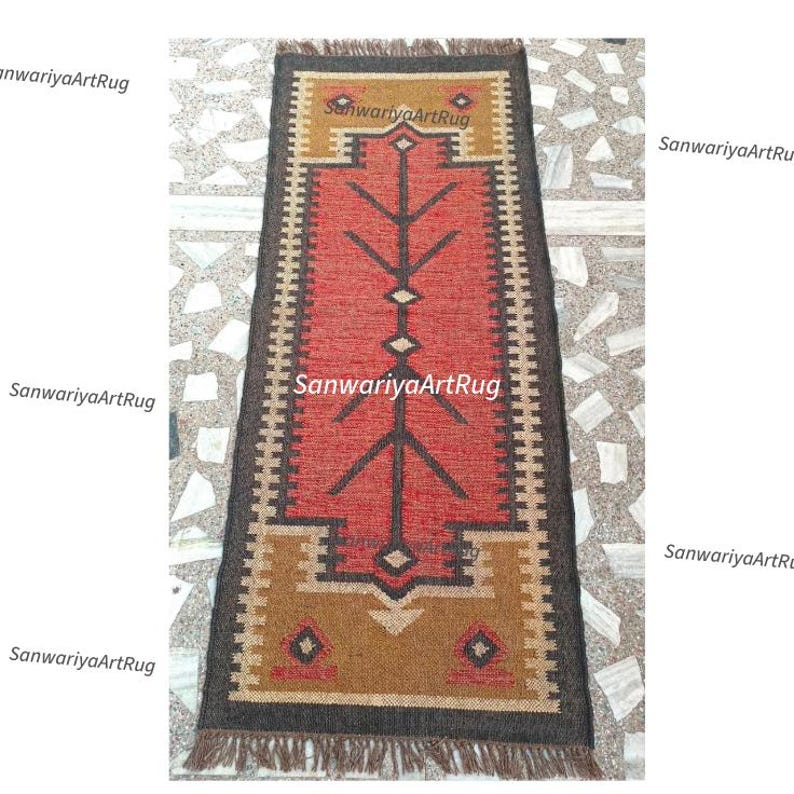 Alfombra de yute de lana hecha a mano: Alfombra grande de pasillo estilo bohemio navajo con forma geométrica multicolor, alfombra para lavandería o entrada interior. imagen 2