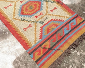 Handwoven Wool Jute Rug: Rainbow Southwestern Geometric Kilim Tribal Navajo Farmhouse Area Rug, Boho Nursery Dhurrie Entryway Rug