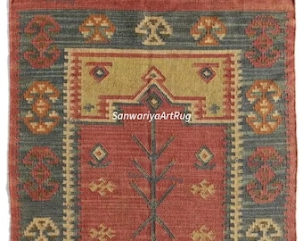 Alfombra Kilim india tejida a mano de lana y yute, hecha a mano, con motivos orientales, tradicionales, geométricos, turca, para decoración del hogar.