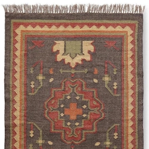 Black Kilim Rug Runner | Handwoven Wool Jute Dhurrie, Oriental Motifs
