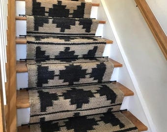 Hemp Stair Runner Rug: Ivory & Black Moroccan Decor, Custom Size