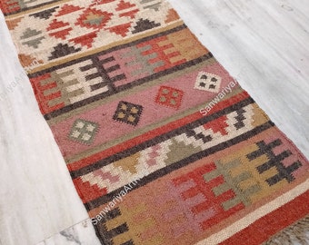 Alfombras Kilim Runner / Alfombra de yute de lana tejida a mano / Alfombra Kilim Dhurrie hecha a mano / Motivos orientales tradicionales indios geométricos turcos decoración alfombras