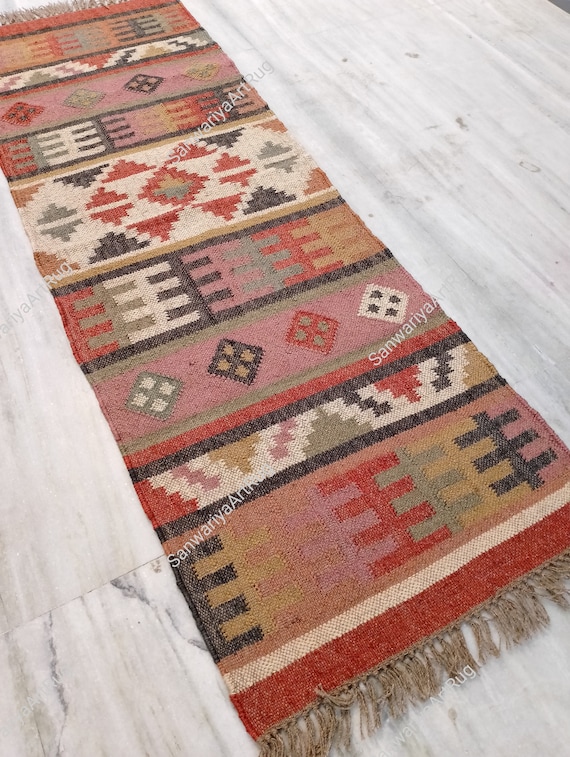 Kilim Runner Rugs | Handwoven Wool Jute Rug | Handmade Kilim Dhurrie Rug | Motifs Oriental Traditional Indian Geometric Turkish Decor Rugs