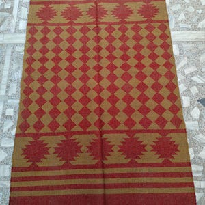Handmade Wool Jute Kilim Rug, Red & Brown Rectangle Bohemian Large Area Turkish Oushak Traditional Home Decor Indoor Entryway Office Rug