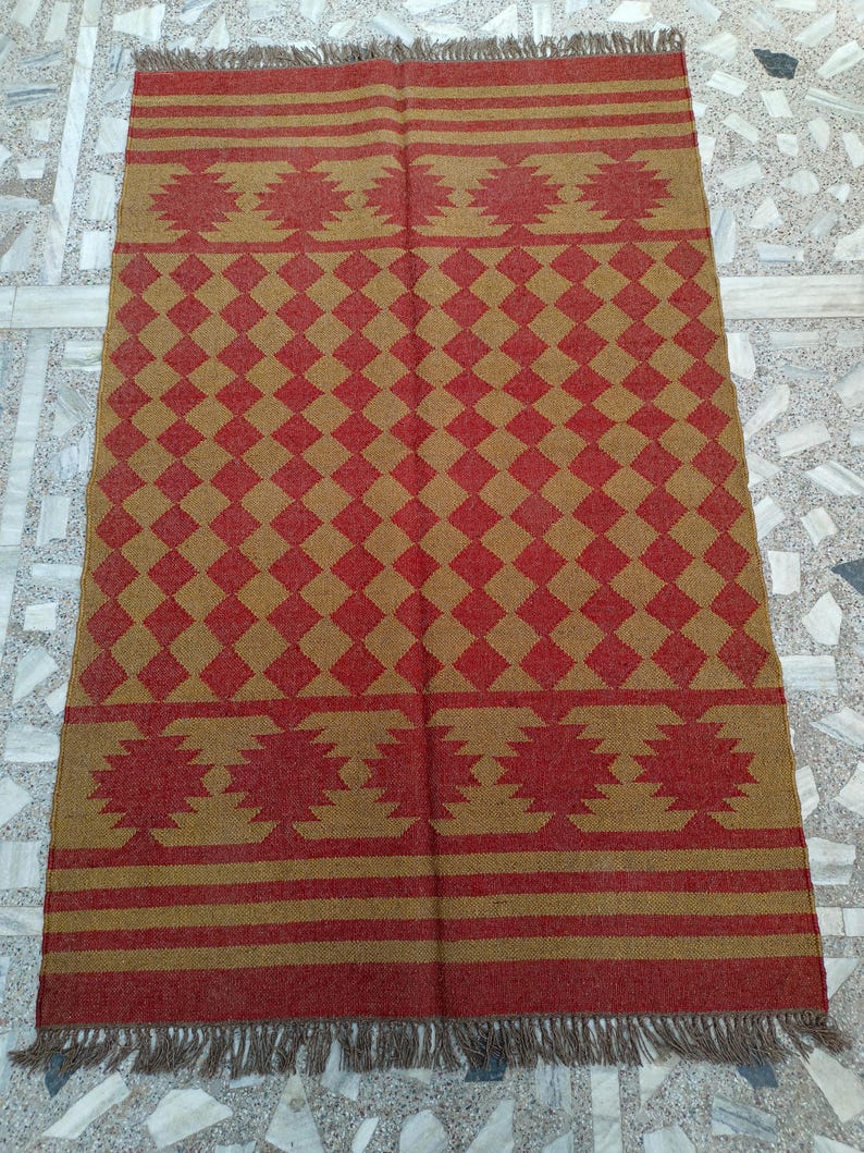 Handmade Wool Jute Kilim Rug, Red & Brown Rectangle Bohemian Large Area Turkish Oushak Traditional Home Decor Indoor Entryway Office Rug