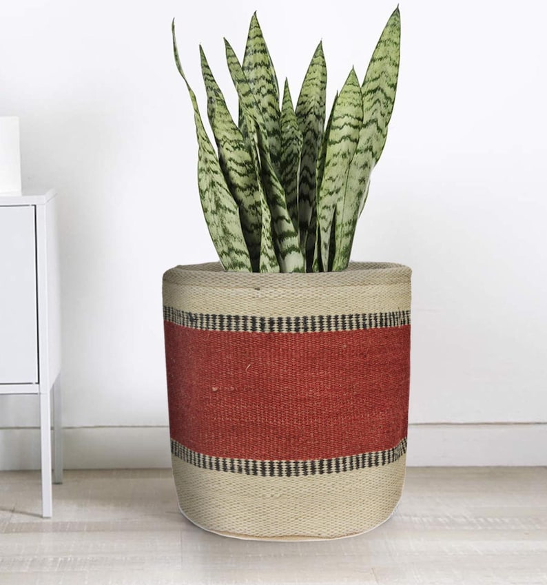 Handmade Jute Kilim Pot Planter, 12x12 Inch Colorful Modern Farmhouse Living Room Basket Cover, Boho Nursery Garden Waterproof Planter Cover