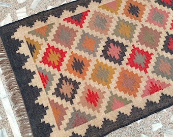 6x9 Geometric Wool Jute Rug: Handwoven Rainbow Kilim Flatweave Turkish Navajo Rug, Bohemian Hallway Dhurrie Office Entryway Rug
