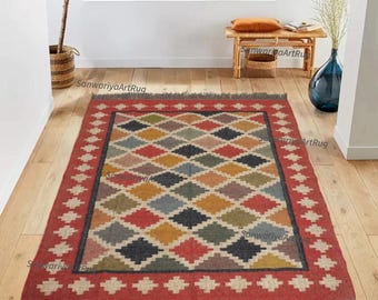 Geometric Style Jute Rug, Handwoven Rectangle Shape Colorful Rainbow Large Area Turkish Oushak Modern Farmhouse Accent Home Decor Rug