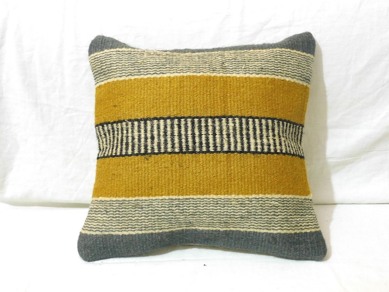 Handmade Wool Jute Kilim Pillow Cover, Turkish Oushak Moroccan 18x18 Inch Throw Pillowcase, Bohemain Home Bedroom Sofa Decor Cushion Cover