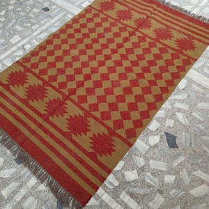 Handmade Wool Jute Kilim Rug, Red & Brown Rectangle Bohemian Large Area Turkish Oushak Traditional Home Decor Indoor Entryway Office Rug