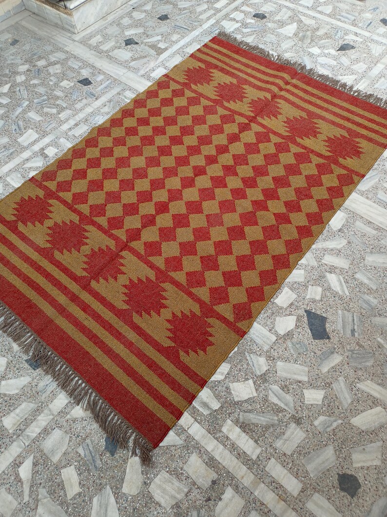 Handmade Wool Jute Kilim Rug, Red & Brown Rectangle Bohemian Large Area Turkish Oushak Traditional Home Decor Indoor Entryway Office Rug
