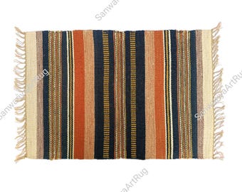 Indian Handwoven Jute Rug Runner | Handmade Rectangular Striped Kilim Area Rug for Living Room, Bedroom