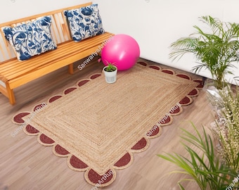 8 x 10 9 x 12 handgevlochten jute vloerkleed | Handgemaakt boho-tapijt met rode geschulpte randen voor woonkamer, slaapkamer