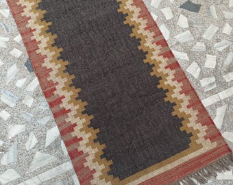 Handwoven Kilim Runner | Wool Jute Rug | Handmade Kilim Dhurrie Rug | Motifs Oriental Traditional Indian, Geometric Turkish Home Decor Rug