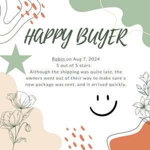 May include: A white background with green and orange abstract shapes. The text "HAPPY BUYER" is in green letters. The text "Robin on Aug 7, 2024 5 out of 5 stars" is in black letters. The text "Although the shipping was quite late, the owners went out of their way to make sure a new package was sent, and it arrived quickly." is in black letters. A black and white smiley face is in the bottom right corner.