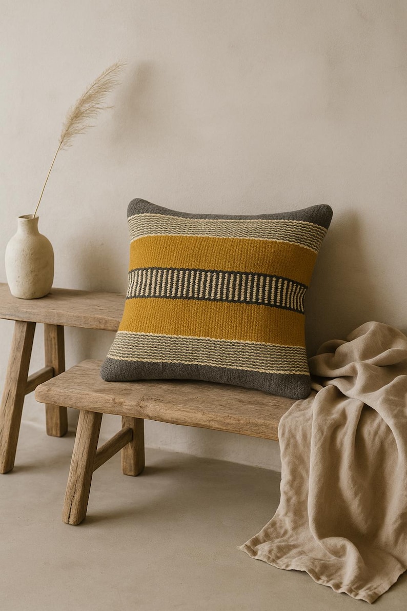 Handmade Wool Jute Kilim Pillow Cover, Turkish Oushak Moroccan 18x18 Inch Throw Pillowcase, Bohemain Home Bedroom Sofa Decor Cushion Cover