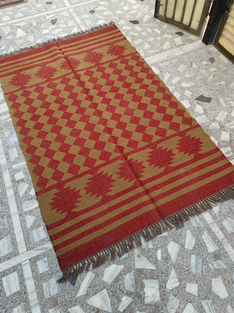 Handmade Wool Jute Kilim Rug, Red & Brown Rectangle Bohemian Large Area Turkish Oushak Traditional Home Decor Indoor Entryway Office Rug