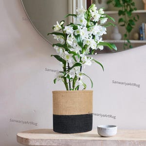 Può includere: Una pianta di orchidea bianca in un vaso intrecciato nero e marrone. Il vaso è di forma ovale e ha una texture di juta naturale.