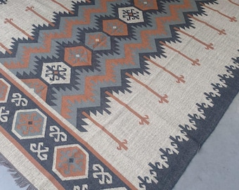 8x10ft Geometric Wool Jute Rug: Handwoven Kilim Multicolor Rectangle Bohemian Large Area Turkish Home Kitchen Decor Entryway Rug
